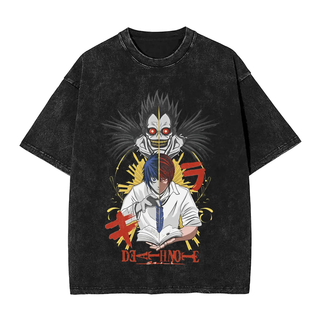 Black t-shirt with anime-themed design featuring characters and text on a white background